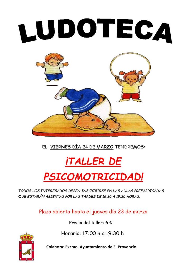 El próximo viernes día 24 de marzo la ludoteca oferta un «TALLER DE PSICOMOTRICIDAD»