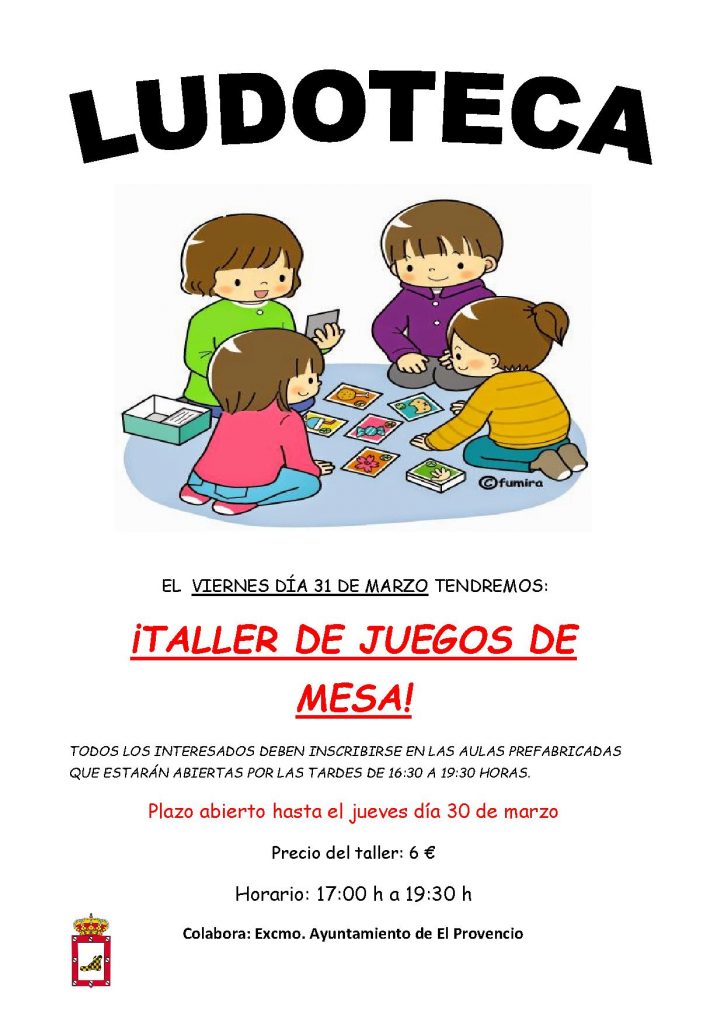 El próximo viernes día 31 de marzo la ludoteca oferta un «TALLER DE JUEGOS DE MESA»