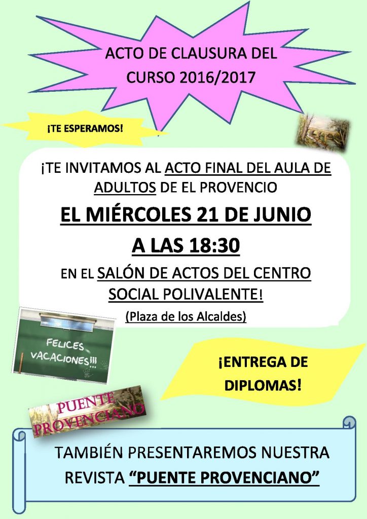 El miércoles día 21 de junio se celebrará el acto de clausura del curso 2016/2017 del Aula de Educación de Personas Adultas