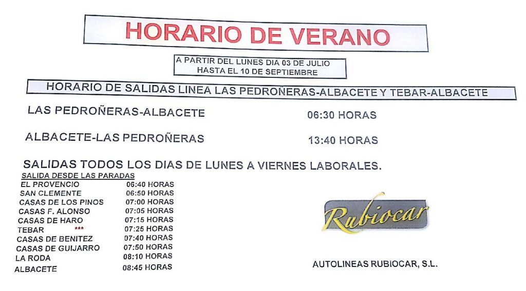 Horario de verano de la línea Las Pedroñeras-Albacete y Tébar-Albacete (válido desde el 3 de julio hasta el 10 de septiembre)
