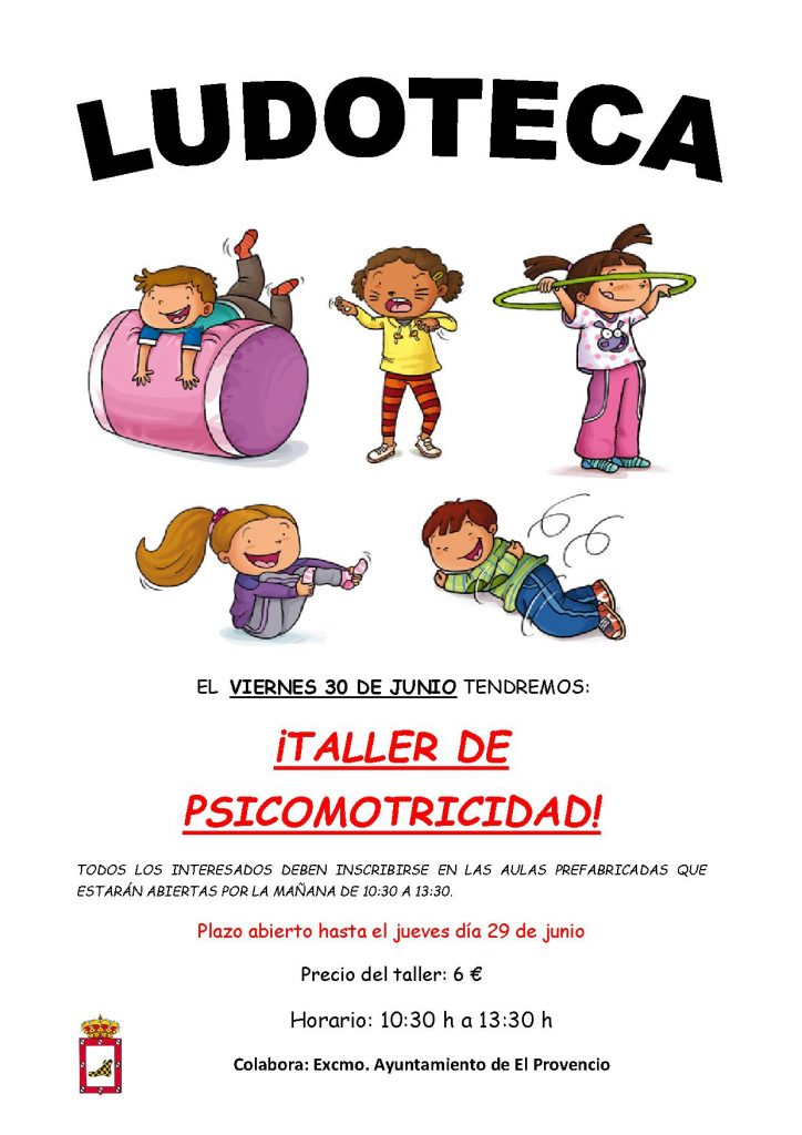 El próximo viernes día 30 de junio la ludoteca oferta el «TALLER DE PSICOMOTRICIDAD»