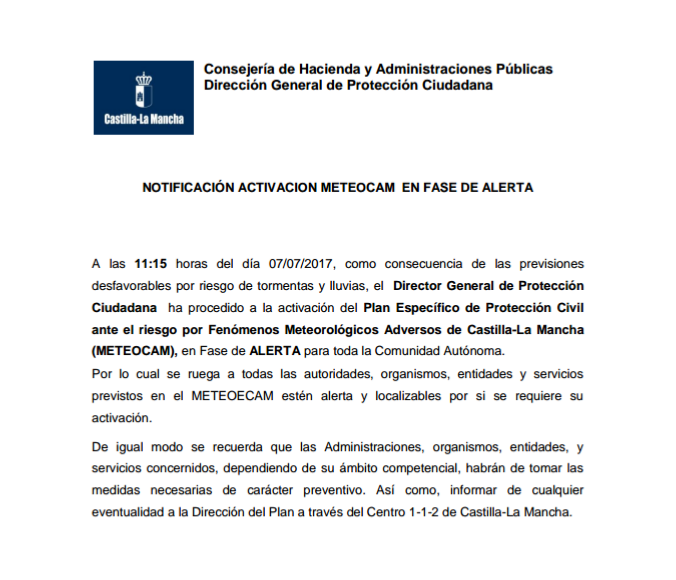 NOTIFICACIÓN ACTIVACIÓN METEOCAM EN FASE DE ALERTA