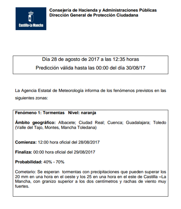 Información sobre fenómeno meteorológico adverso, nivel naranja