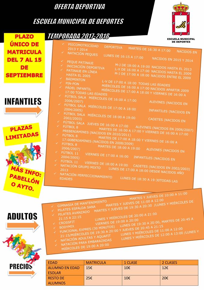 Se abre el plazo único de matrícula de la Escuela Municipal de Deportes desde el 7 hasta el 15 de septiembre