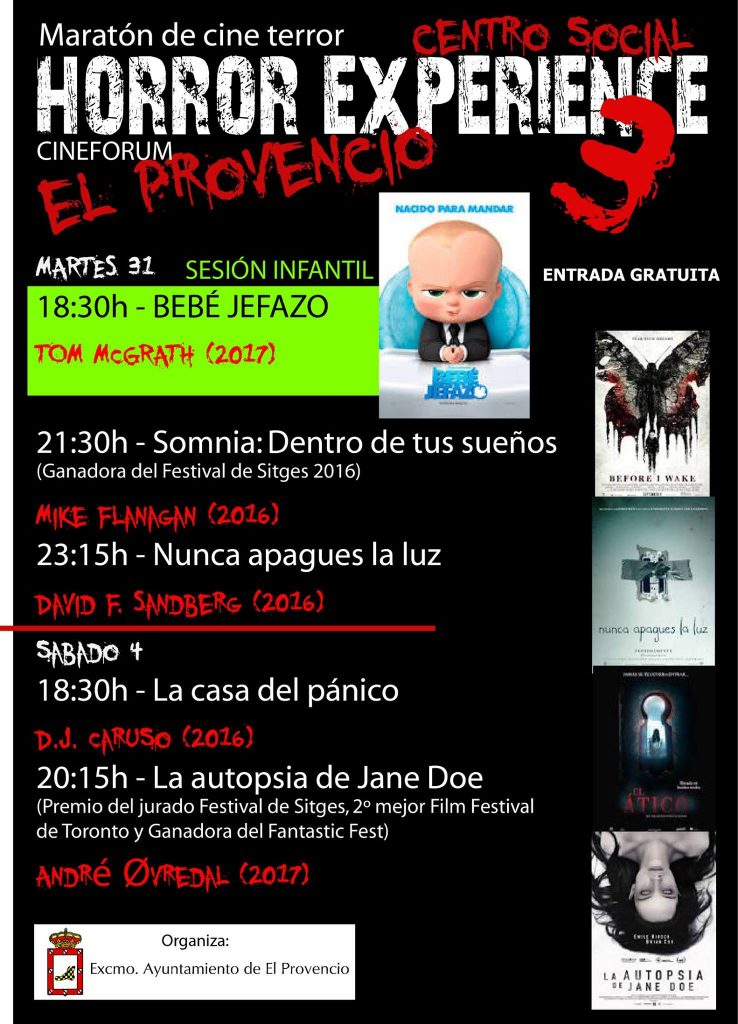 El próximo martes día 31 de octubre y el sábado día 4 de noviembre, maratón de cine de terror