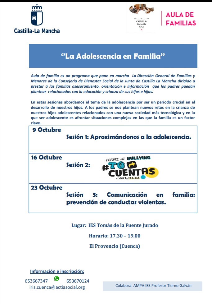 El IESO Tomás de la Fuente Jurado y el AMPA Profesor Tierno Galván organizan la jornada «La adolescencia en familia»