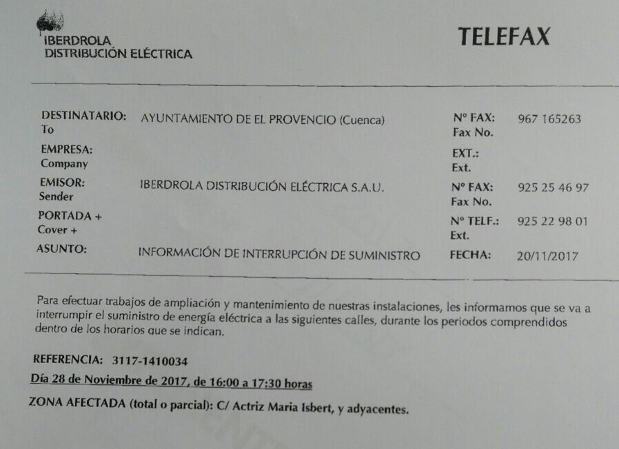Notificación de interrupción del suministro de energía eléctrica y zonas afectadas
