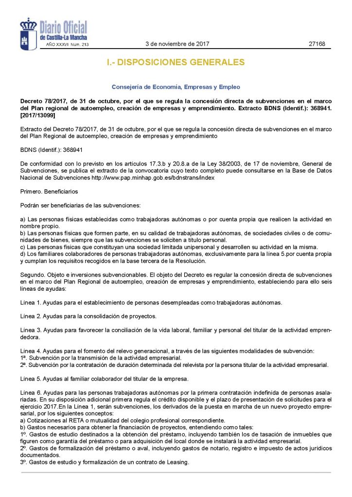 Concesión de subvenciones en el marco del PLAN REGIONAL DE AUTOEMPLEO, CREACIÓN DE EMPRESAS Y EMPRENDIMIENTO.