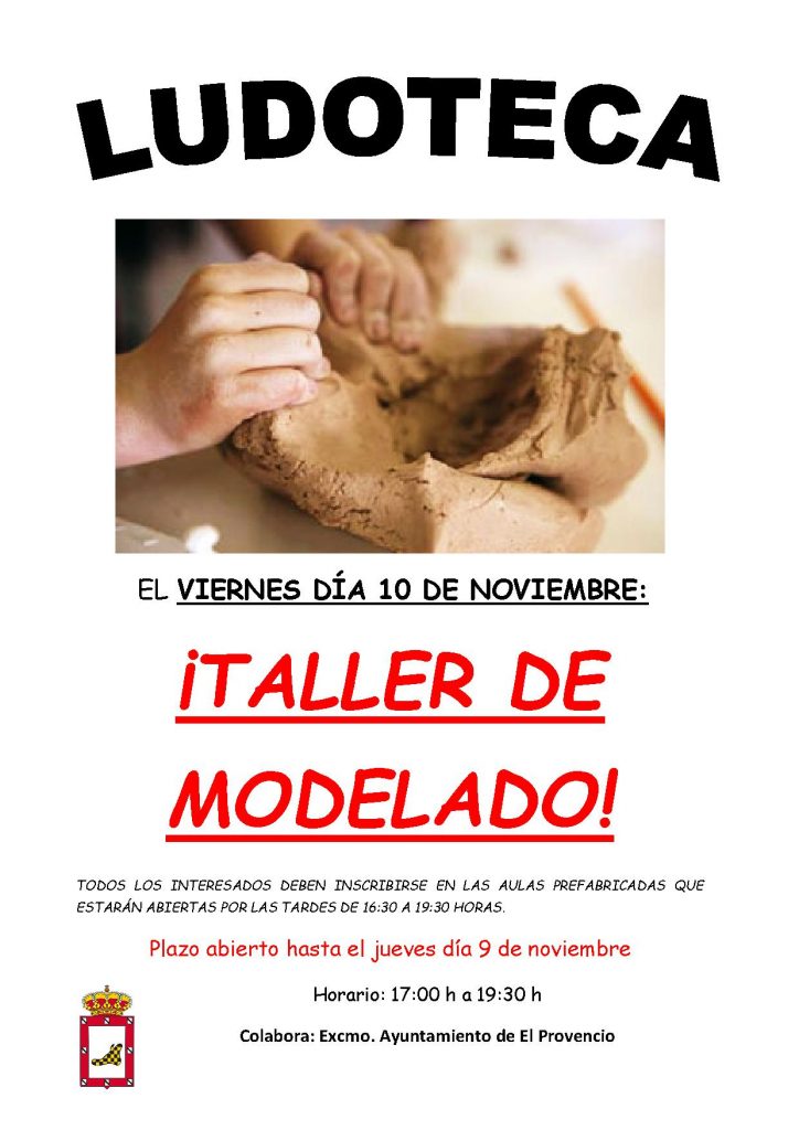 El próximo viernes día 10 de noviembre la ludoteca oferta el «TALLER DE MODELADO»