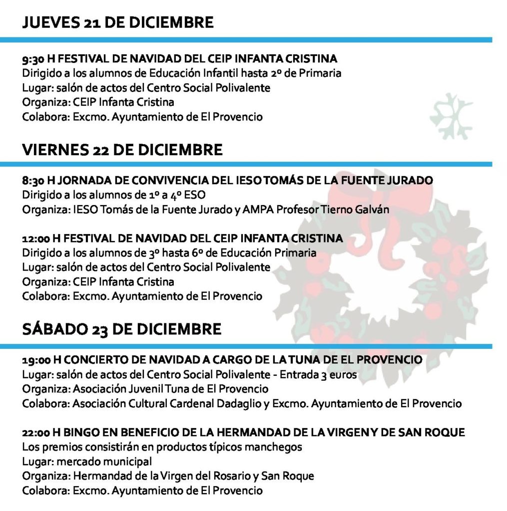 Programación navideña para los días 21, 22 y 23 de diciembre