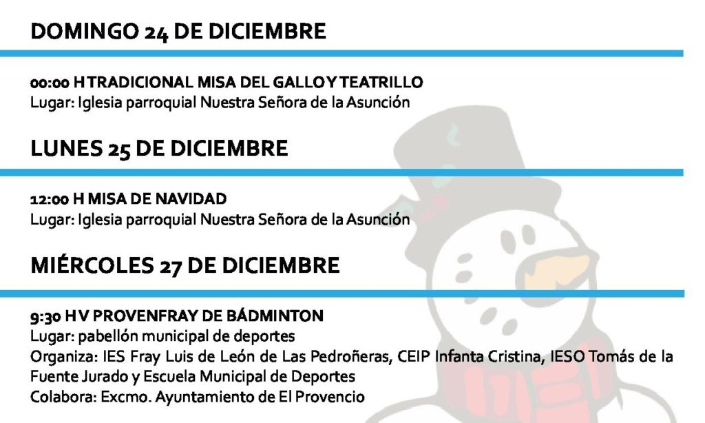 Programación navideña para los días 24, 25 y 27 de diciembre