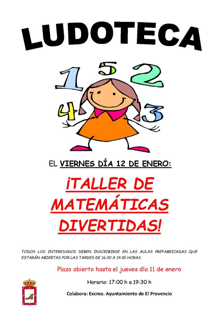 El próximo viernes día 12 de enero la ludoteca oferta el «TALLER DE MATEMÁTICAS DIVERTIDAS»