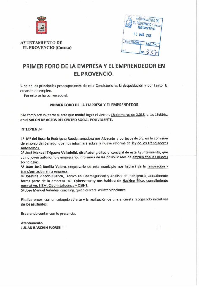 Nuestro Excmo. Ayuntamiento organiza el I FORO DE LA EMPRESA Y EL EMPRENDEDOR EN EL PROVENCIO