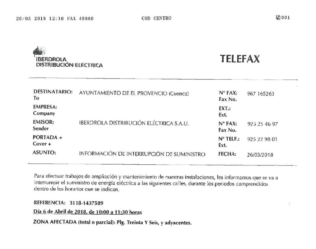 Notificación de interrupciones del suministro de energía eléctrica y zonas afectadas