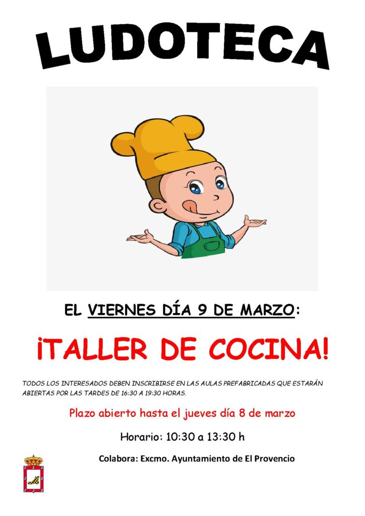 El próximo viernes día 9 de marzo la ludoteca oferta el «TALLER DE COCINA»