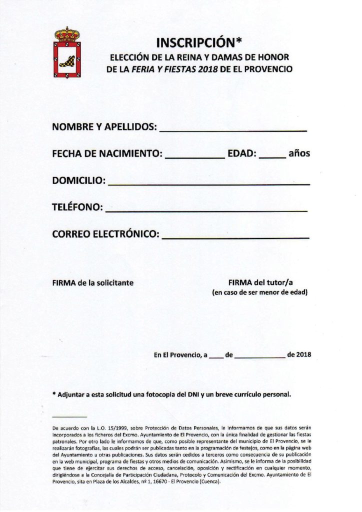 Publicadas las BASES PARA LA ELECCIÓN DE LA REINA Y DAMAS DE HONOR DE LA FERIA Y FIESTAS PATRONALES DE EL PROVENCIO