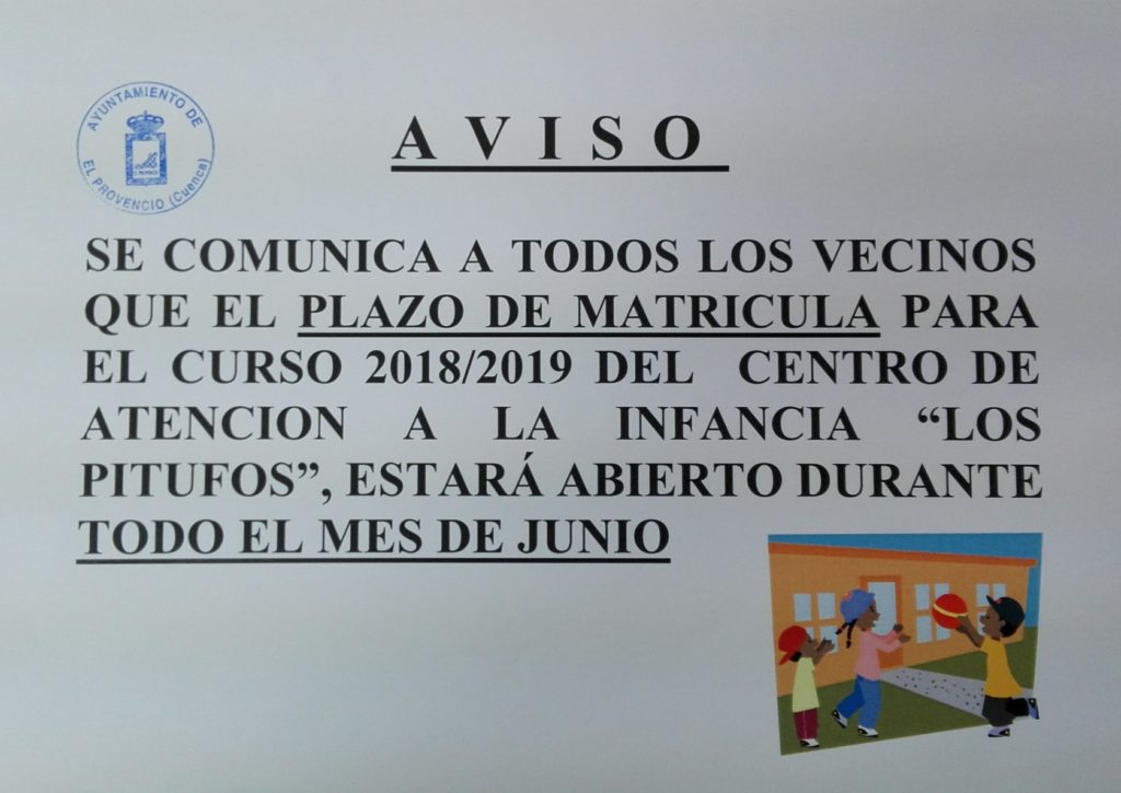 Abierto durante todo el mes de junio el plazo de matrícula de la Escuela Infantil «Los Pitufos» para el curso 2018/2019