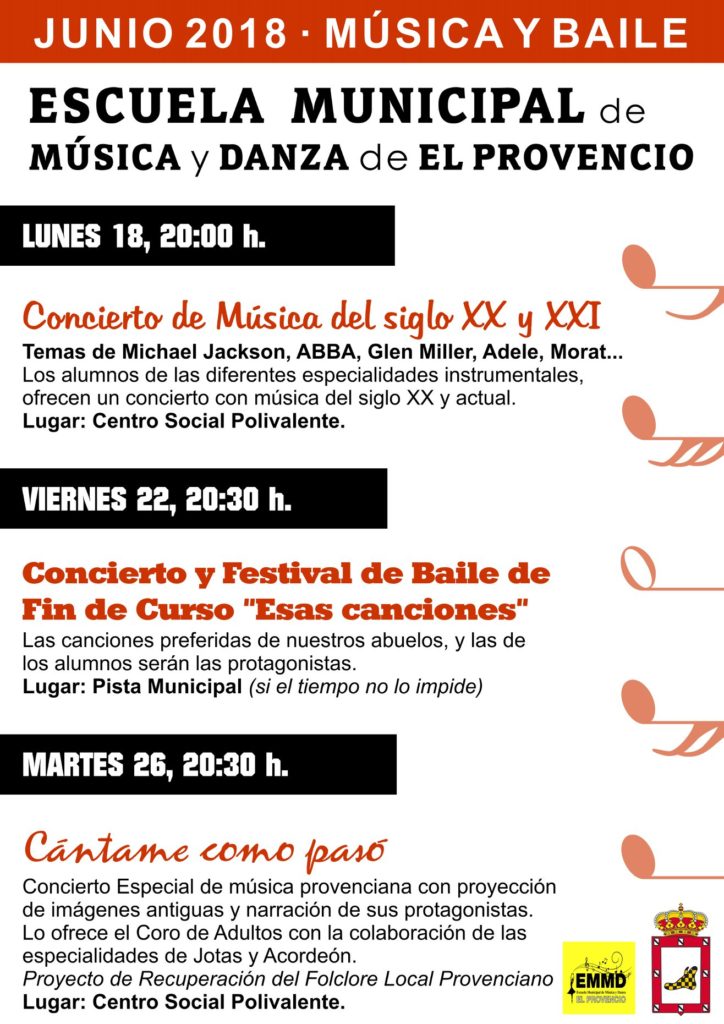 Programación de la Escuela Municipal de Música y Danza para los días 18, 22 y 26 de junio