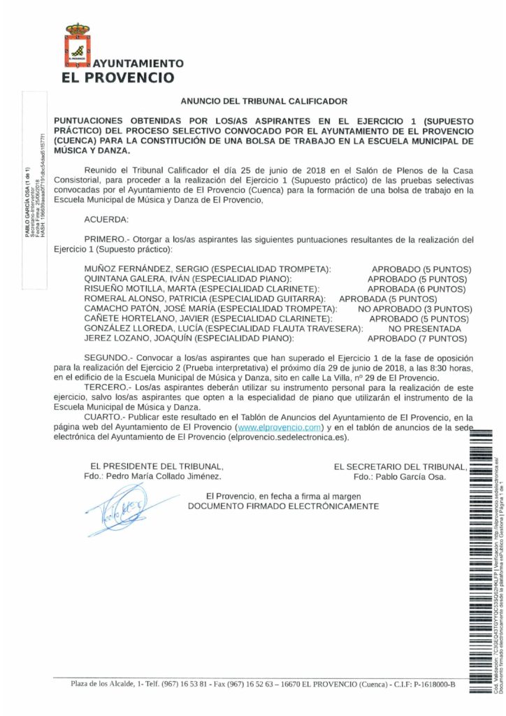 Resultado de las calificaciones obtenidas por los/as aspirantes en el Ejercicio 1 (Supuesto práctico) de las pruebas selectivas para la formación de una bolsa de trabajo en la Escuela Municipal de Música y Danza