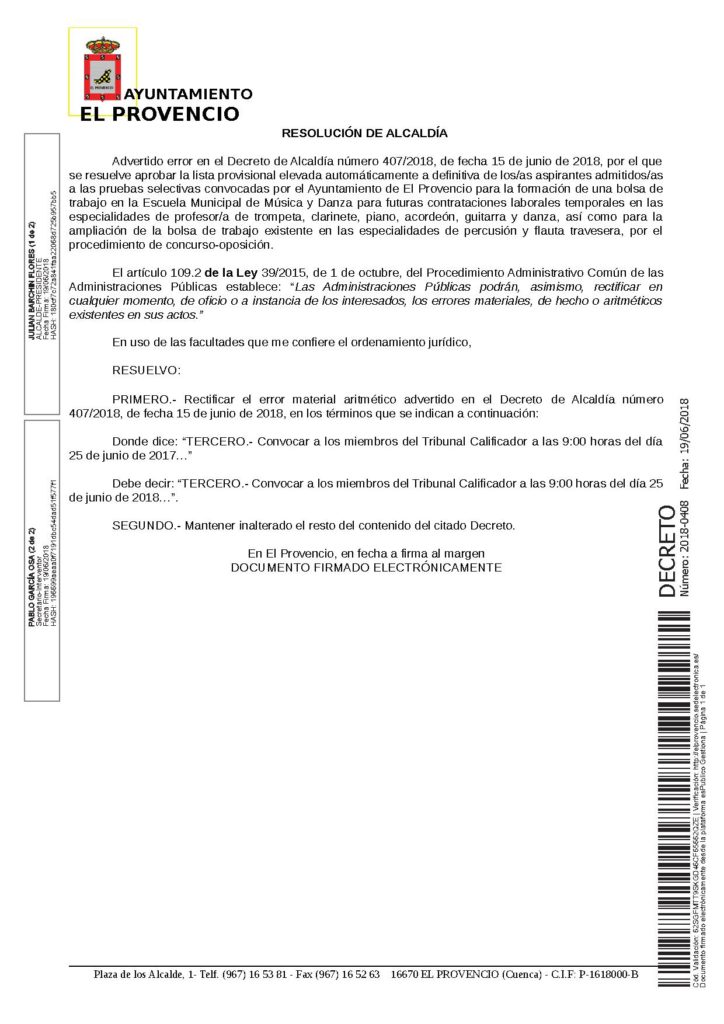 Decreto de Alcaldía número 408/2018 por el que se rectifica el Decreto 407/2018, de 15 de junio de 2018
