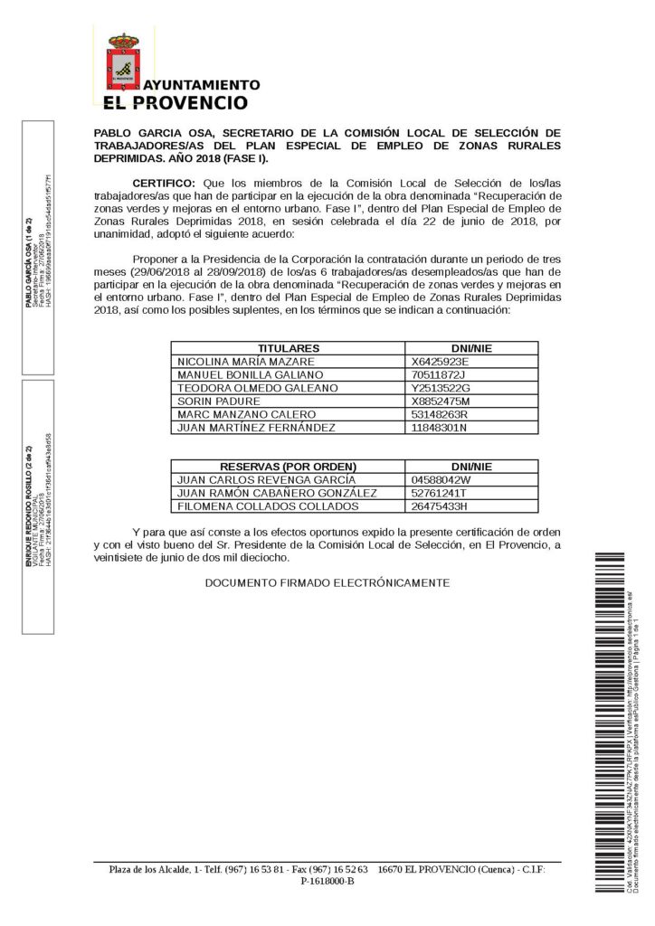 Publicado el listado de trabajadores seleccionados para el Plan Especial de Empleo de Zonas Rurales Deprimidas 2018 (Fase I)