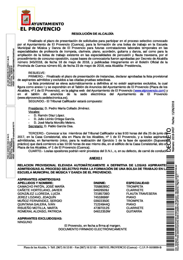 Resolución aprobando la lista de admitidos a las pruebas selectivas para la formación de una bolsa de trabajo en la Escuela Municipal de Música y Danza
