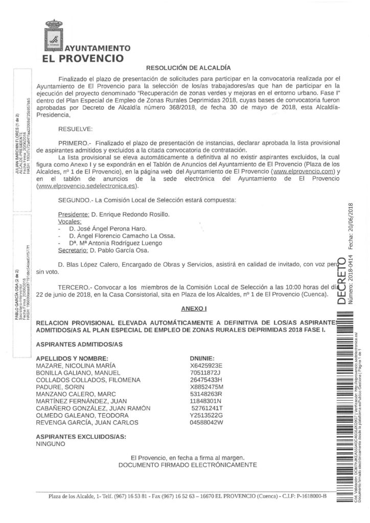 Resolución de Alcaldía con el listado definitivo de aspirantes a participar en el Plan Especial de Empleo de Zonas Rurales Deprimidas, primera fase 2018