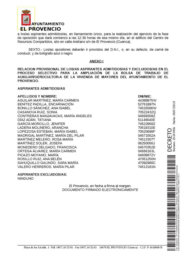 Listas provisionales de admitidos/as y excluidos/as de las pruebas selectivas convocadas para la formación de una bolsa de trabajo de auxiliar de ayuda a domicilio y para la formación de una bolsa de trabajo de auxilar-gerocultor para la vivienda de mayores