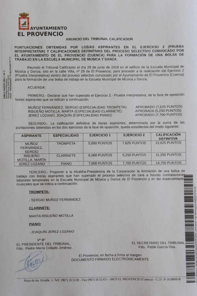 Anuncio del Tribunal Calificador de las pruebas selectivas convocadas para la formación de una bolsa de trabajo en la Escuela Municipal de Música y Danza de El Provencio