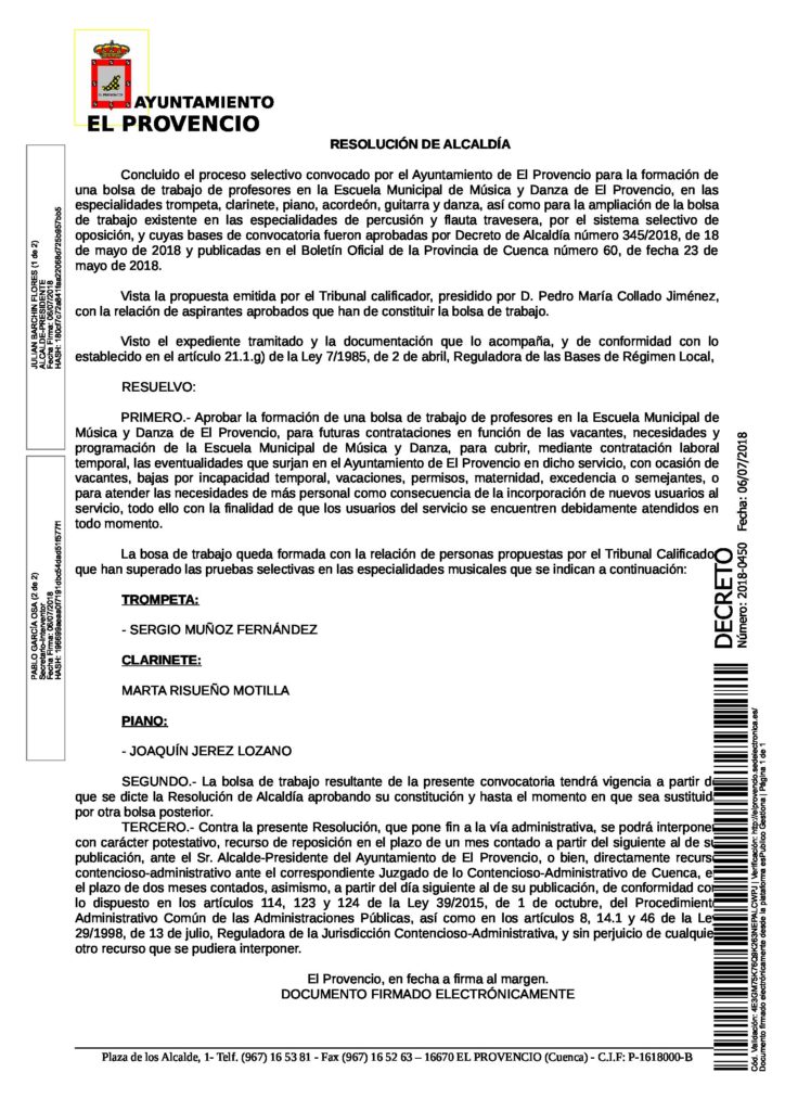 Resolución aprobando la formación de una bolsa de trabajo de profesores/as en la Escuela Municipal de Música y Danza