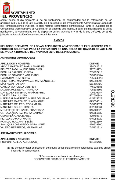 LISTAS DEFINITIVAS ADMITIDOS/AS PROCESOS SELECTIVOS PARA LA FORMACIÓN DE UNA BOLSA DE TRABAJO DE AUXILIAR DE AYUDA A DOMICILIO