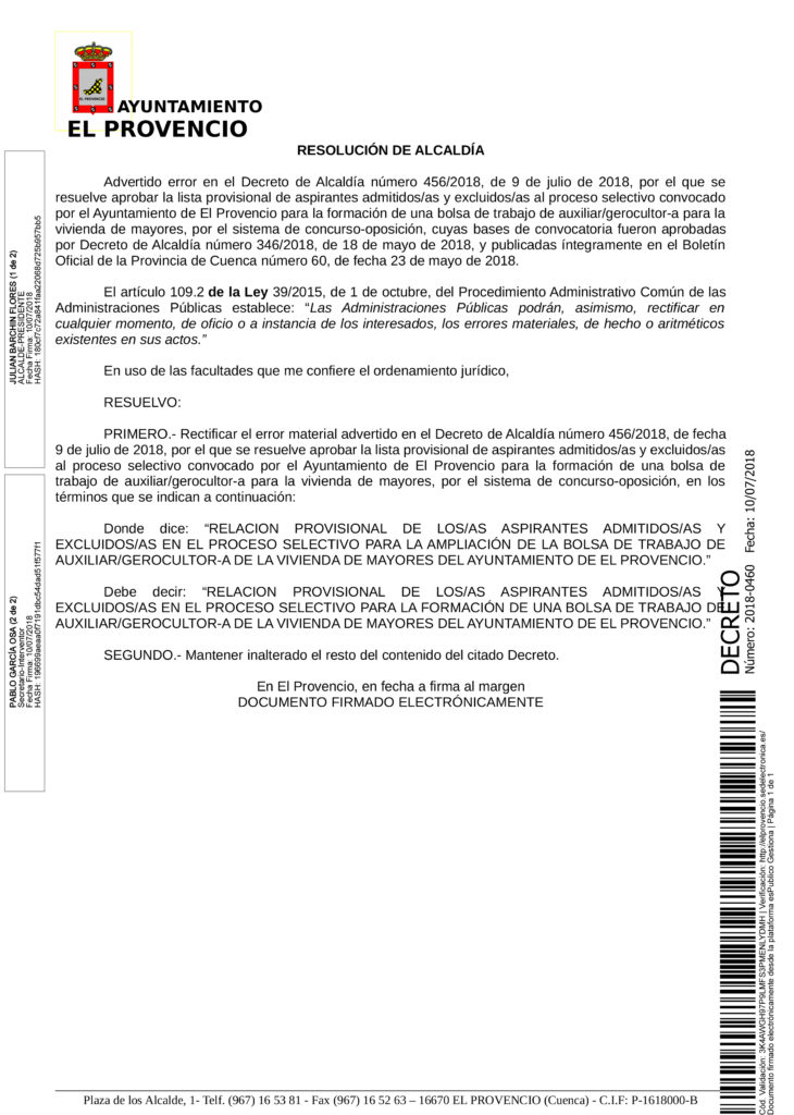 RECTIFICACIÓN ERRORES LISTAS PROVISIONALES ADMITIDOS Y EXCLUIDOS BOLSA TRABAJO AUXILIAR AYUDA A DOMICILIO Y BOLSA TRABAJO AUXILIAR-GEROCULTOR VIVIENDA MAYORES