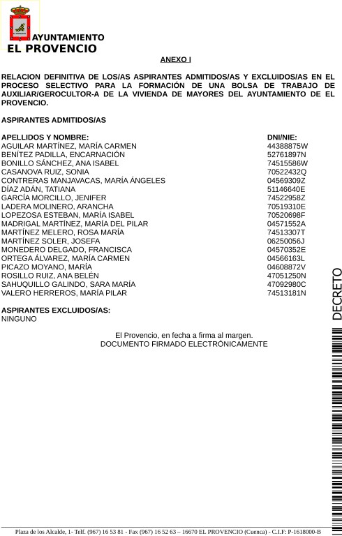 LISTAS DEFINITIVAS ADMITIDOS/AS PROCESOS SELECTIVOS PARA LA FORMACIÓN DE UNA BOLSA DE TRABAJO DE AUXILIAR-GEROCULTOR VIVIENDA MAYORES