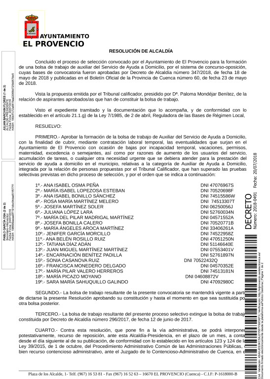 Resolución de Alcaldía aprobando la formación de una bolsa de trabajo de auxiliar del Servicio de Ayuda a Domicilio.