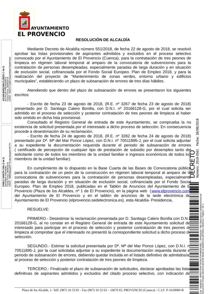 RESOLUCIÓN APROBANDO LISTA DEFINITIVA TRES PEONES DE LIMPIEZA