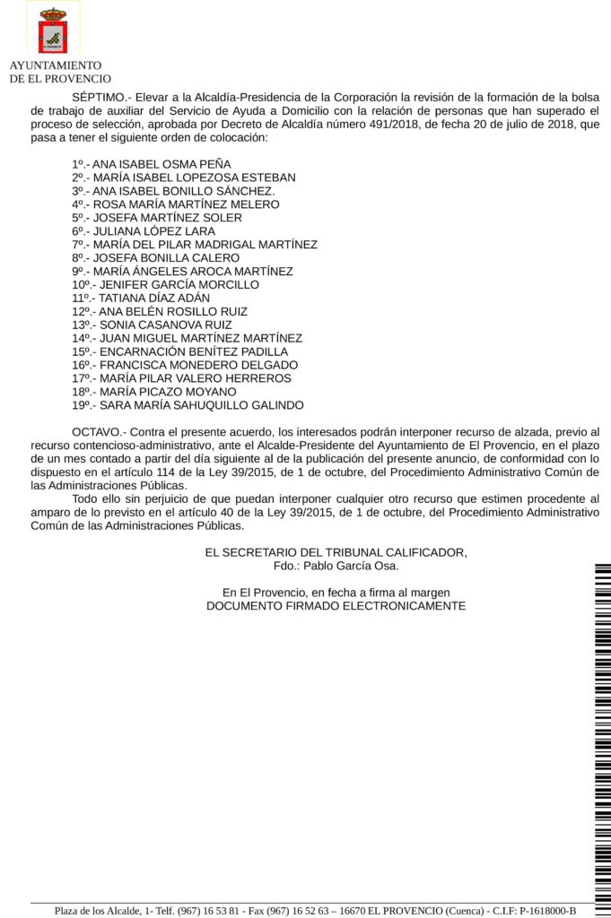 Anuncio del Tribunal Calificador resolviendo las reclamaciones presentadas por los/as aspirantes en la fase de concurso del proceso de selección para la formación de una bolsa de trabajo de auxiliar del servicio de ayuda a domicilio.
