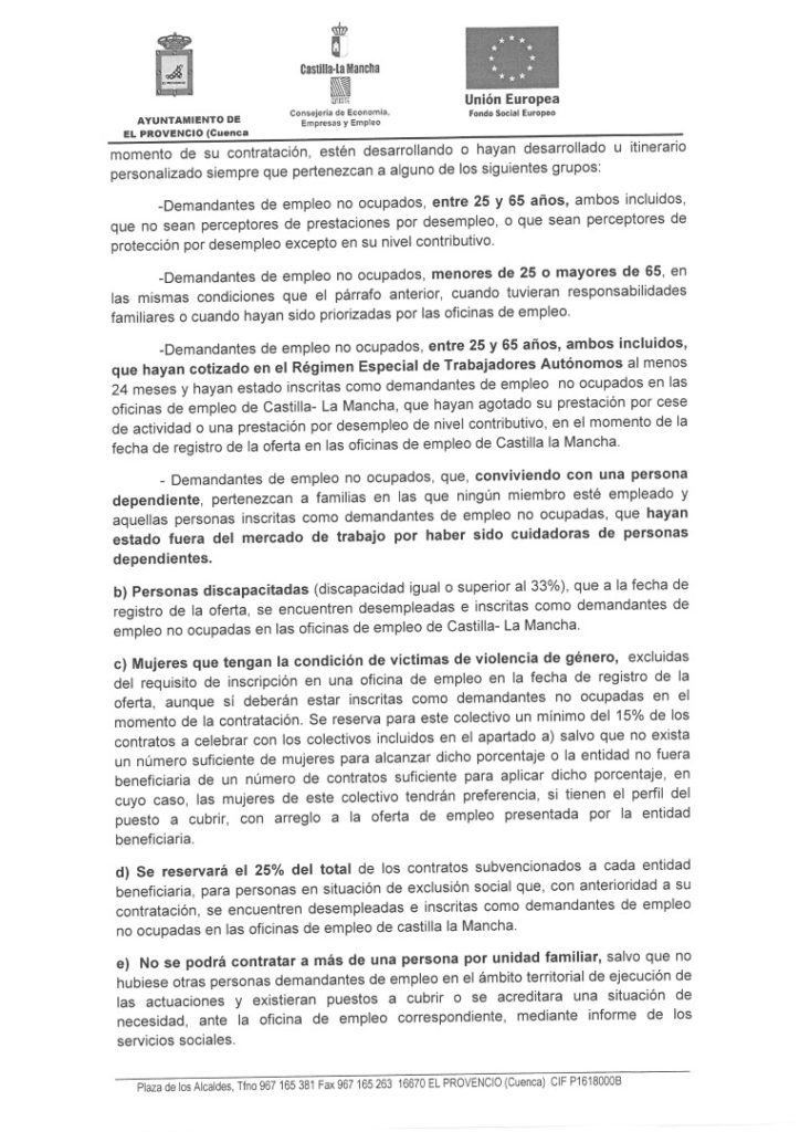 CONVOCATORIA PÚBLICA Y BASES PARA LA SELECCIÓN DE TRABAJADORES/AS EN RÉGIMEN LABORAL TEMPORAL AL AMPARO DE LA CONVOCATORIA DE SUBVENCIONES PARA LA CONTRATACIÓN DE PERSONAS DESEMPLEADAS, ESPECIALMENTE PARADAS DE LARGA DURACIÓN Y EN SITUACIÓN DE EXCLUSIÓN SOCIAL, COFINANCIADA POR EL FONDO EUROPEO. PLAN DE EMPLEO CLM 2018 (DOCM Nº82, DE 27 DE ABRIL 2018)