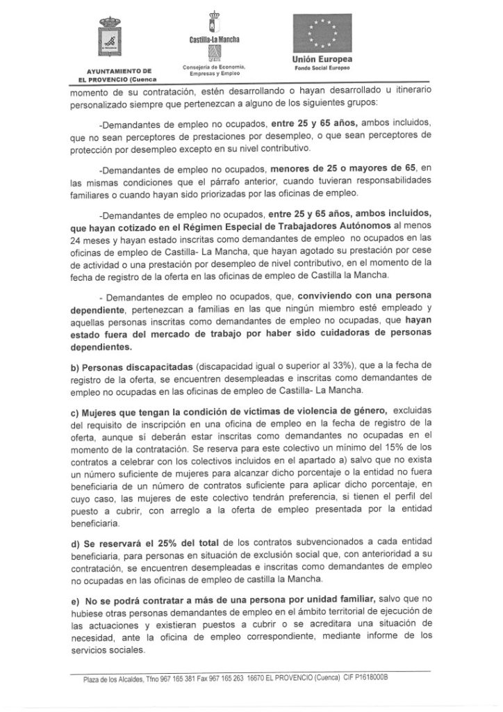 CONVOCATORIA PÚBLICA Y BASES PARA LA SELECCIÓN DE TRABAJADORES/AS EN RÉGIMEN LABORAL TEMPORAL AL AMPARO DE LA CONVOCATORIA DE SUBVENCIONES PARA LA CONTRATACIÓN DE PERSONAS DESEMPLEADAS, ESPECIALMENTE PARADAS DE LARGA DURACIÓN Y EN SITUACIÓN DE EXCLUSIÓN SOCIAL, COFINANCIADA POR EL FONDO EUROPEO. PLAN DE EMPLEO CLM 2018 (DOCM Nº82, DE 27 DE ABRIL 2018)