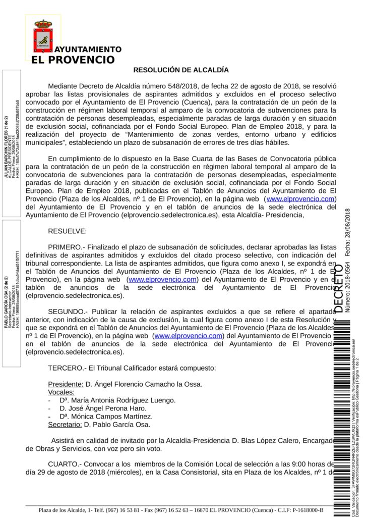 RESOLUCIÓN APROBANDO LISTA DEFINITIVA UN PEÓN CONSTRUCCIÓN