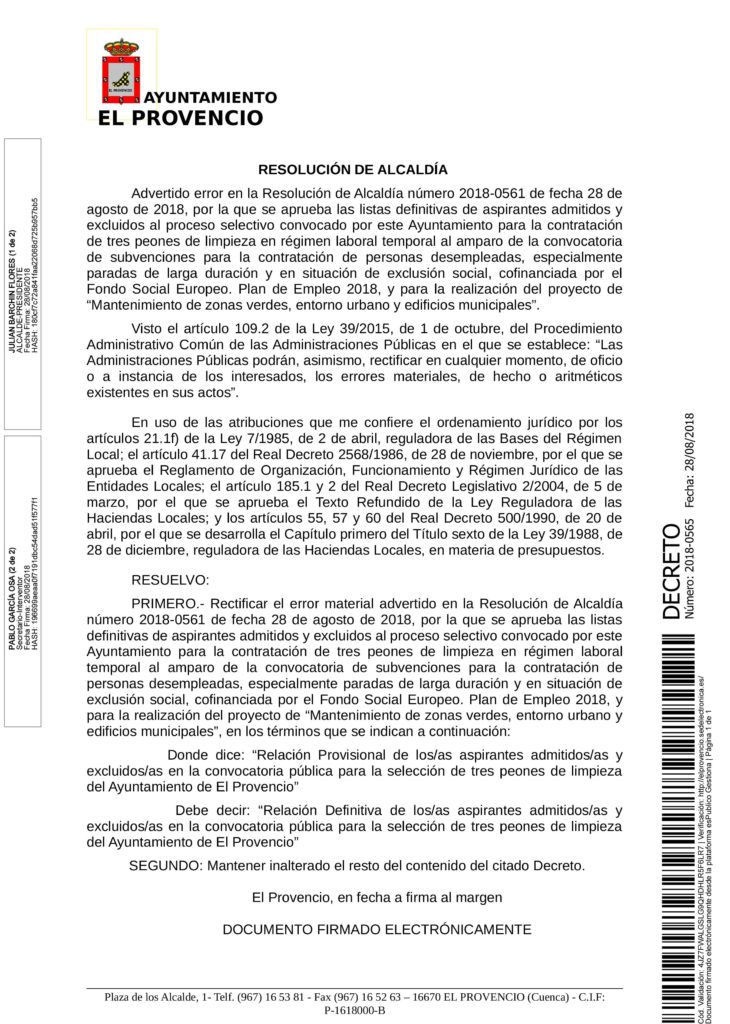 RESOLUCIÓN SUBSANADA LISTA DEFINITIVA TRES PEONES DE LIMPIEZA