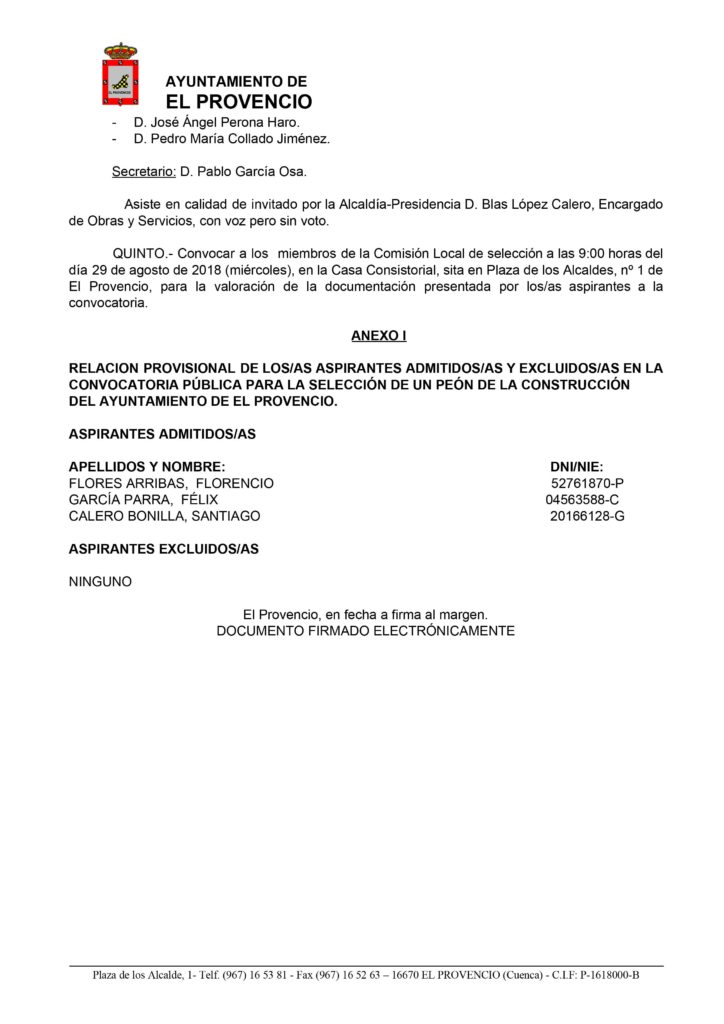 Decreto 548/2018, de 22 de agosto, por el que se resuelve aprobar la lista provisional de admitidos/as y excluidos/as del proceso de selección y posterior contratación de un peón de la construcción dentro del Plan Extraordinario por el Empleo 2018.
