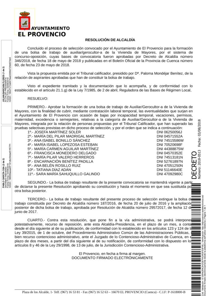 Resolución de Alcaldía por la que se constituye una bolsa de trabajo de auxiliar/gerocultor-a de la Vivienda de Mayores.