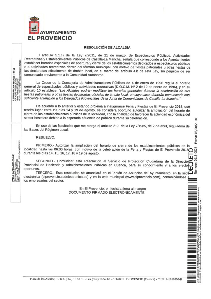 Decreto de Alcaldía por el que se resuelve autorizar la ampliación del horario de cierre de los establecimientos públicos hasta las 06:00 horas durante las fiestas patronales