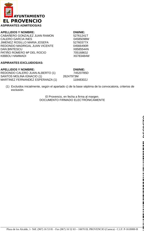 LISTA PROVISIONAL DE ASPIRANTES ADMITIDOS/AS Y EXCLUIDOS/AS PARA OPTAR A LA SELECCIÓN DEL PROYECTO DENOMINADO «RECUPERACIÓN DE ZONAS Y VERDES Y MEJORAS EN EL ENTORNO URBANO»