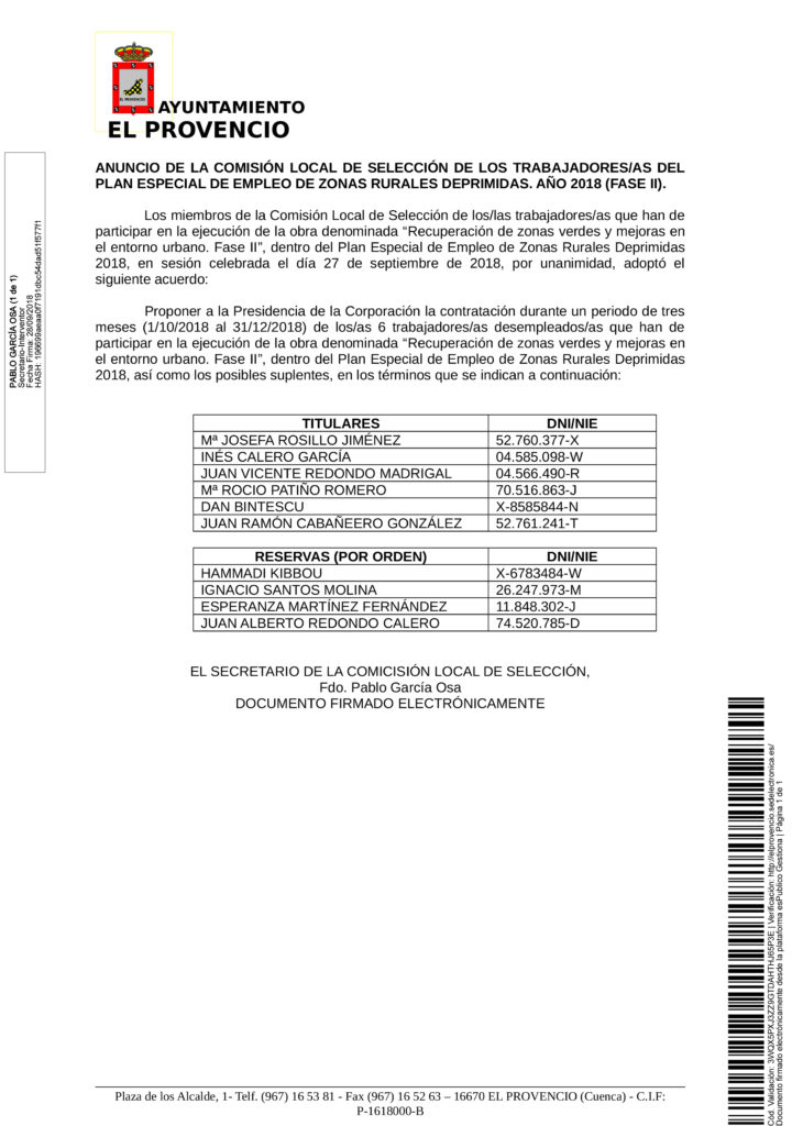 ANUNCIO DE LA COMISIÓN LOCAL DE SELECCIÓN DE TRABAJADORES