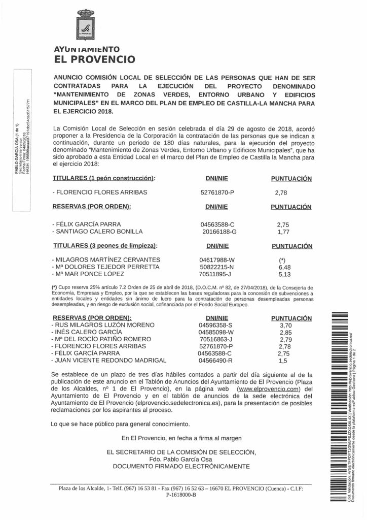 Anuncio comisión local de selección de personal