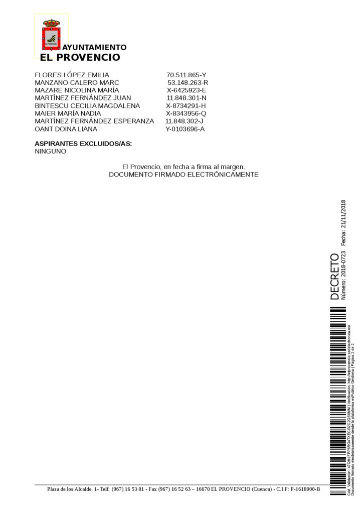 RESOLUCIÓN DE ALCALDÍA – PROCESO SELECTIVO PEONES LIMPIEZA