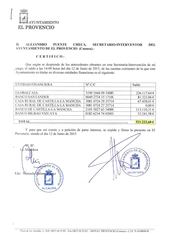 INFORMACIÓN PÚBLICA – ESTADO DE CUENTAS A 12-6-2015