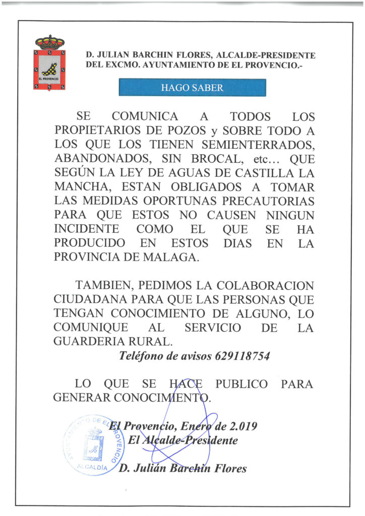 BANDO INFORMATIVO A LOS PROPIETARIOS DE POZOS