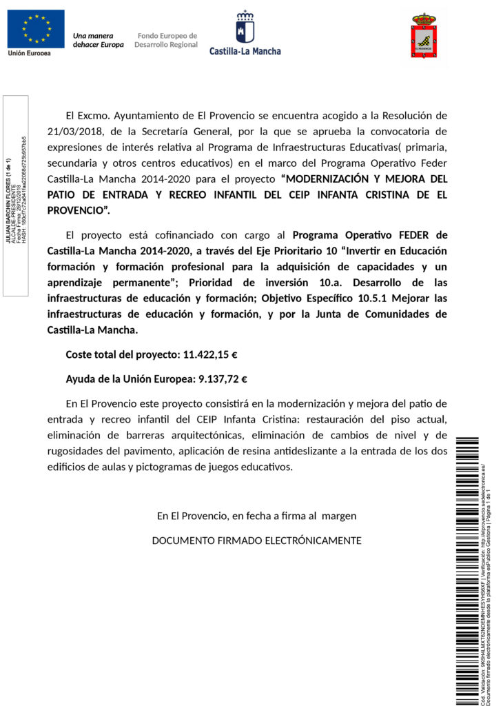 MODERNIZACIÓN Y MEJORA DEL PATIO DE ENTRADA Y RECREO INFANTIL DEL CEIP INFANTA CRISTINA DE EL PROVENCIO